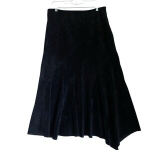 Midi Suede Leather Skirt Tiered 12 Black Asymmetrical Witchy Goth Grunge Boho